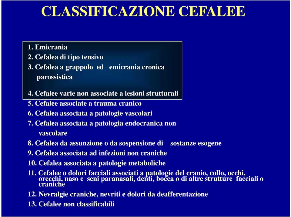 Cefalea da assunzione o da sospensione di sostanze esogene 9. Cefalea associata ad infezioni non craniche 10. Cefalea associata a patologie metaboliche 11.