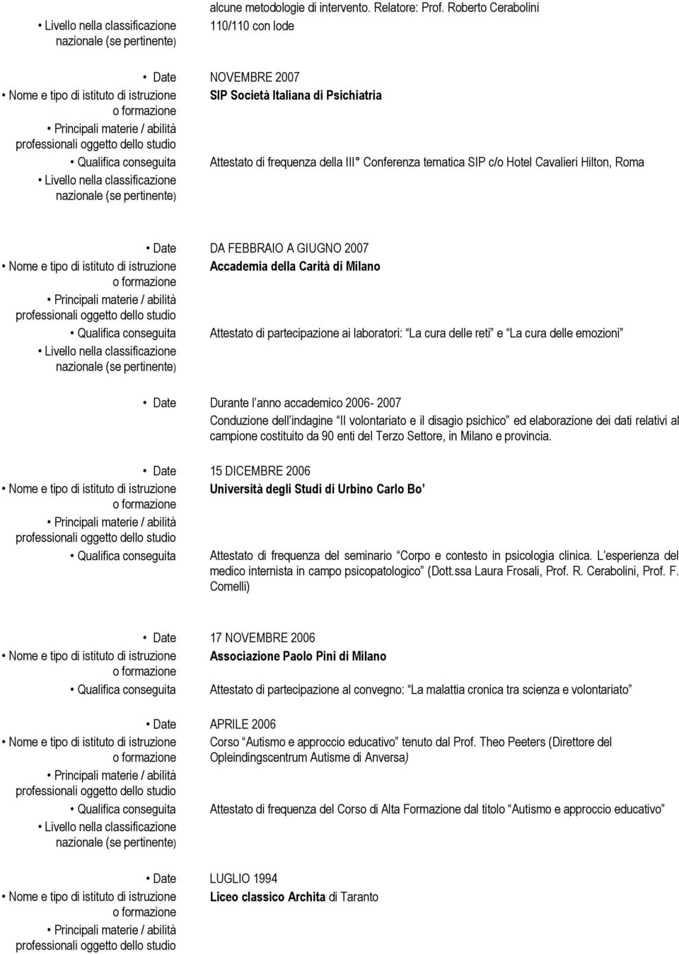 tematica SIP c/o Hotel Cavalieri Hilton, Roma Livello nella classificazione Date DA FEBBRAIO A GIUGNO 2007 Nome e tipo di istituto di istruzione Accademia della Carità di Milano Qualifica conseguita