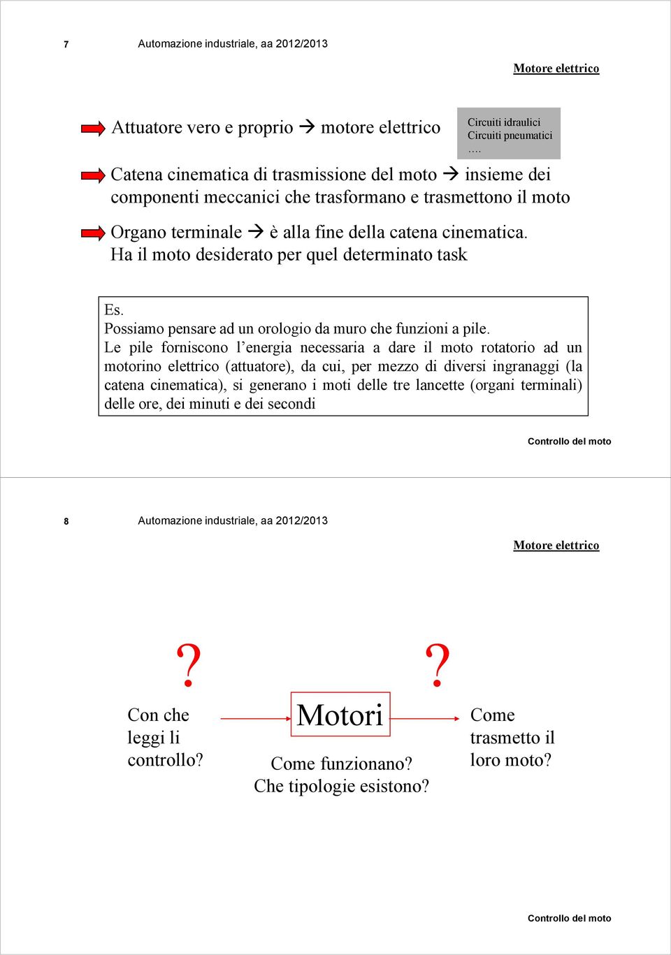 Ha il moto desiderato per quel determinato task Es. Possiamo pensare ad un orologio da muro che funzioni a pile.