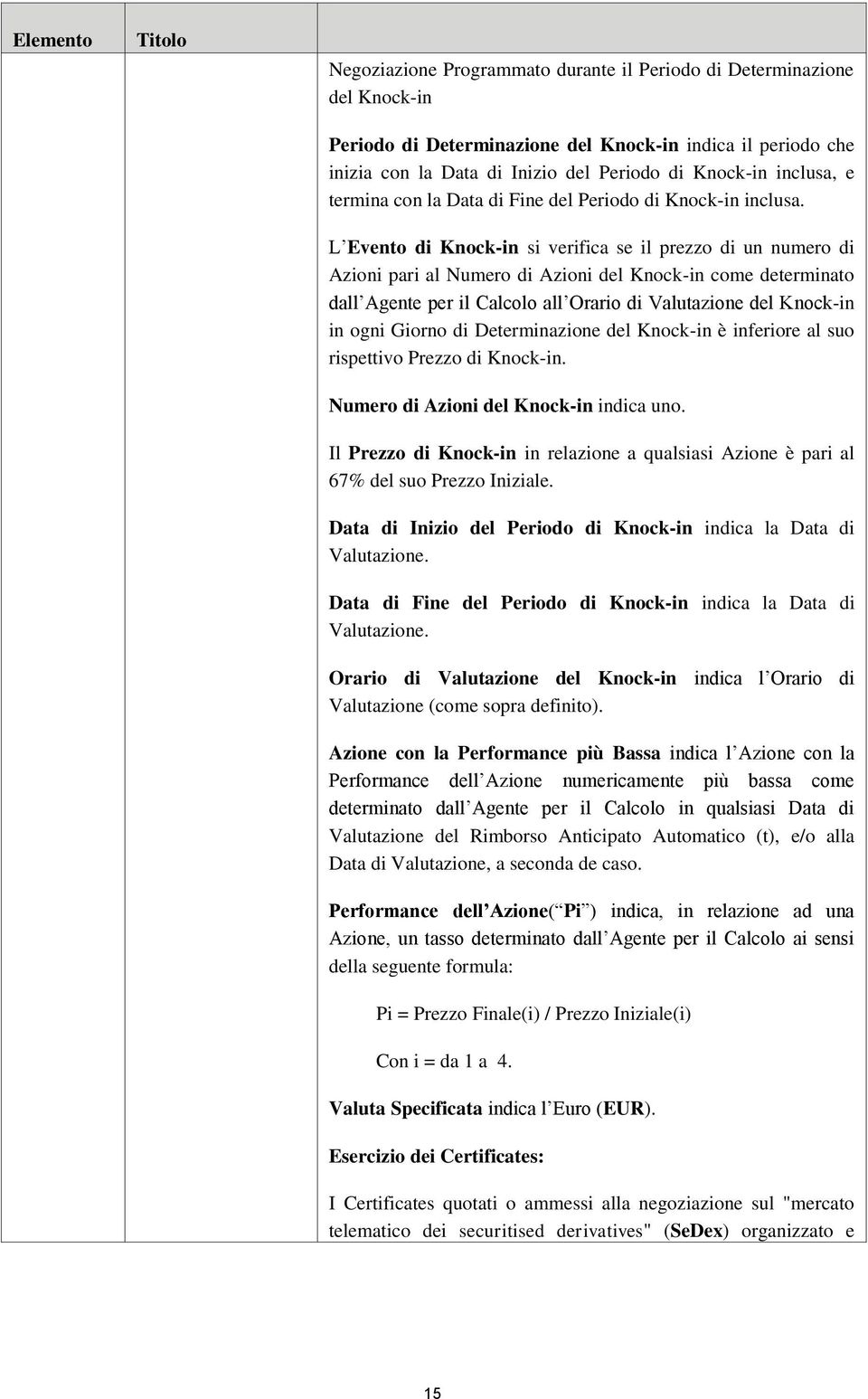 L Evento di Knock-in si verifica se il prezzo di un numero di Azioni pari al Numero di Azioni del Knock-in come determinato dall Agente per il Calcolo all Orario di Valutazione del Knock-in in ogni