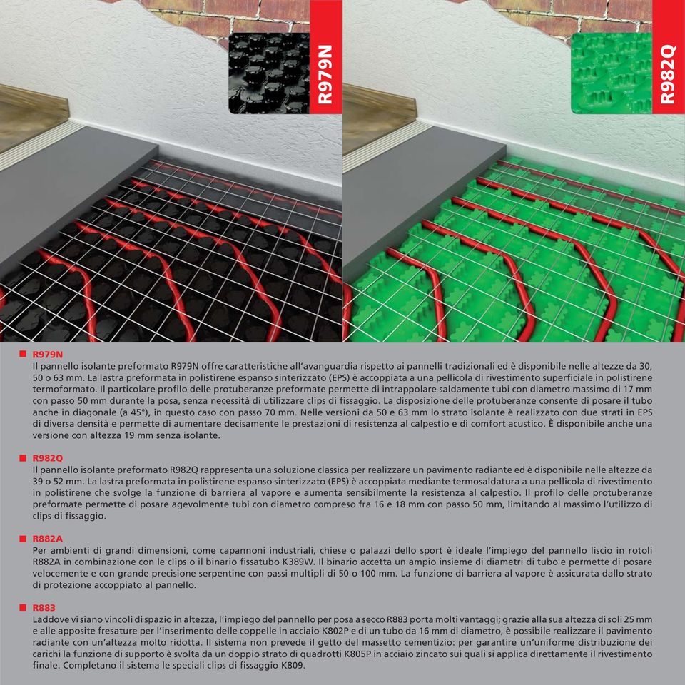 Il particolare profilo delle protuberanze preformate permette di intrappolare saldamente tubi con diametro massimo di 17 mm con passo 50 mm durante la posa, senza necessità di utilizzare clips di