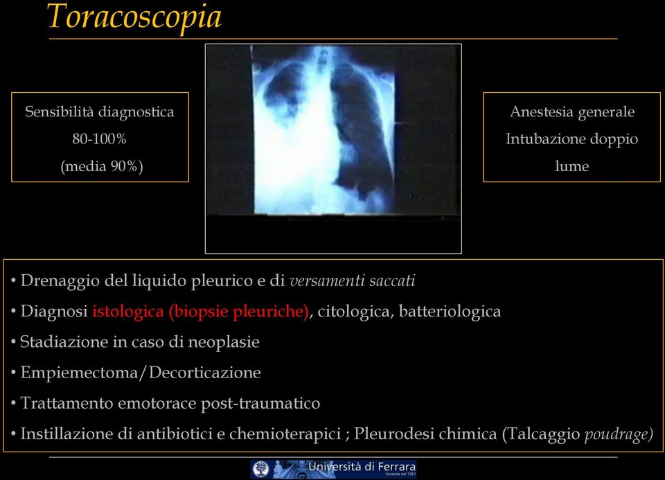 citologica, batteriologica Stadiazione in caso di neoplasie Empiemectoma/Decorticazione Trattamento