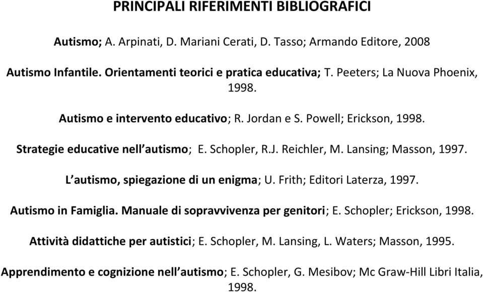 Lansing; Masson, 1997. L autismo, spiegazione di un enigma; U. Frith; Editori Laterza, 1997. Autismo in Famiglia. Manuale di sopravvivenza per genitori; E.