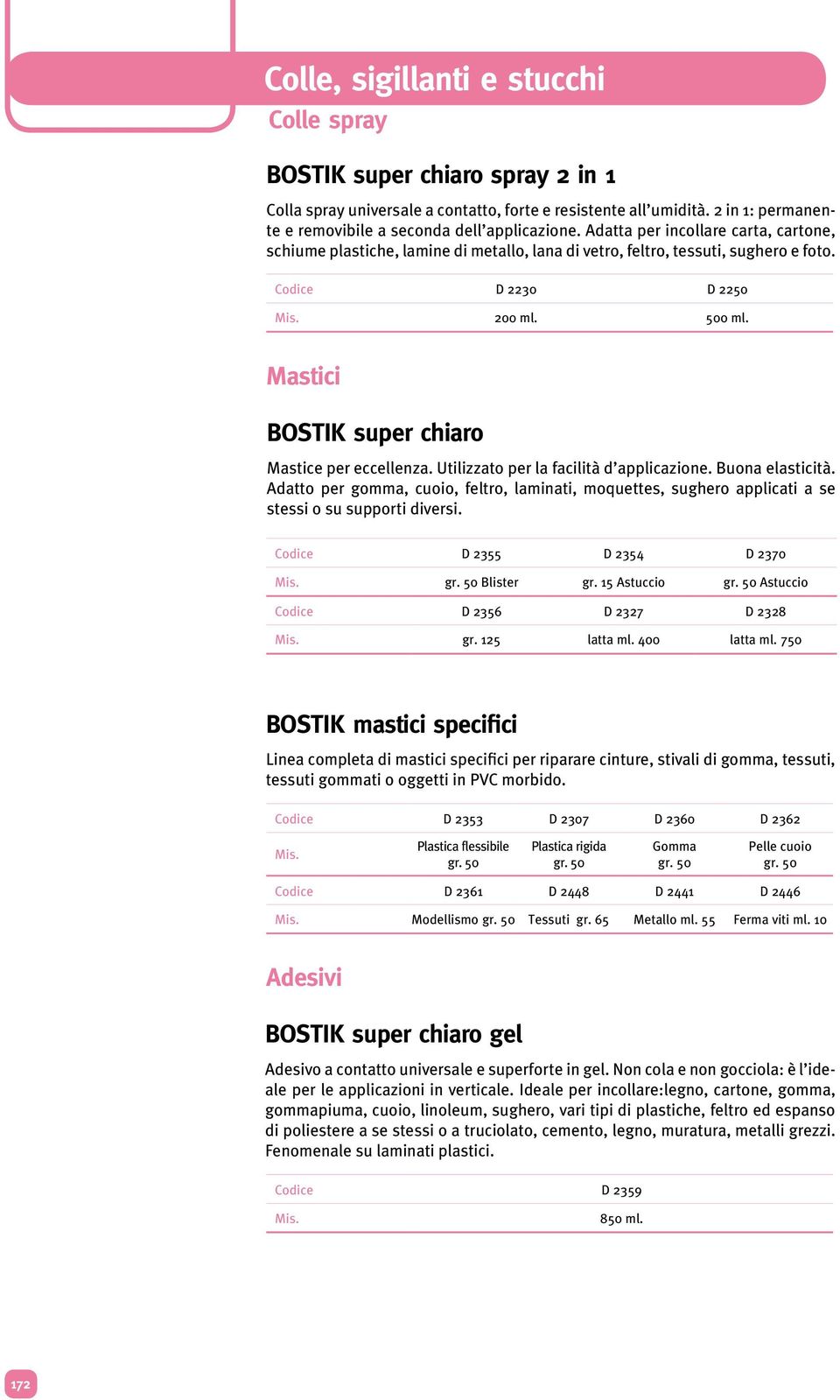 Mastici BOSTIK super chiaro Mastice per eccellenza. Utilizzato per la facilità d applicazione. Buona elasticità.