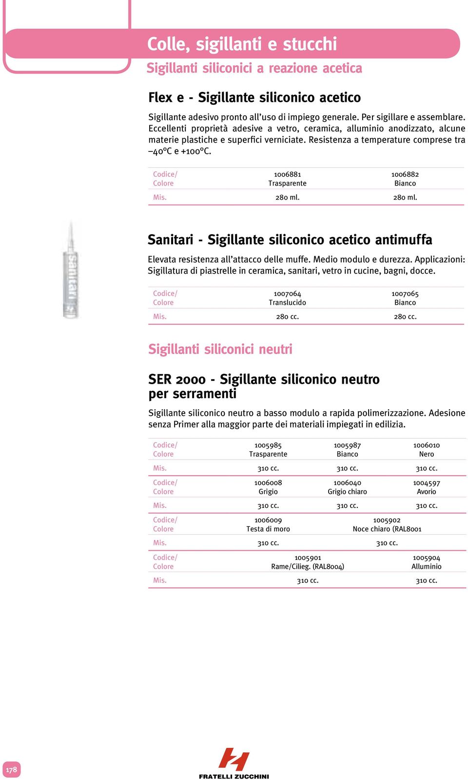 1006881 Trasparente 1006882 Bianco Mis. 280 ml. 280 ml. Sanitari - Sigillante siliconico acetico antimuffa Elevata resistenza all attacco delle muffe. Medio modulo e durezza.