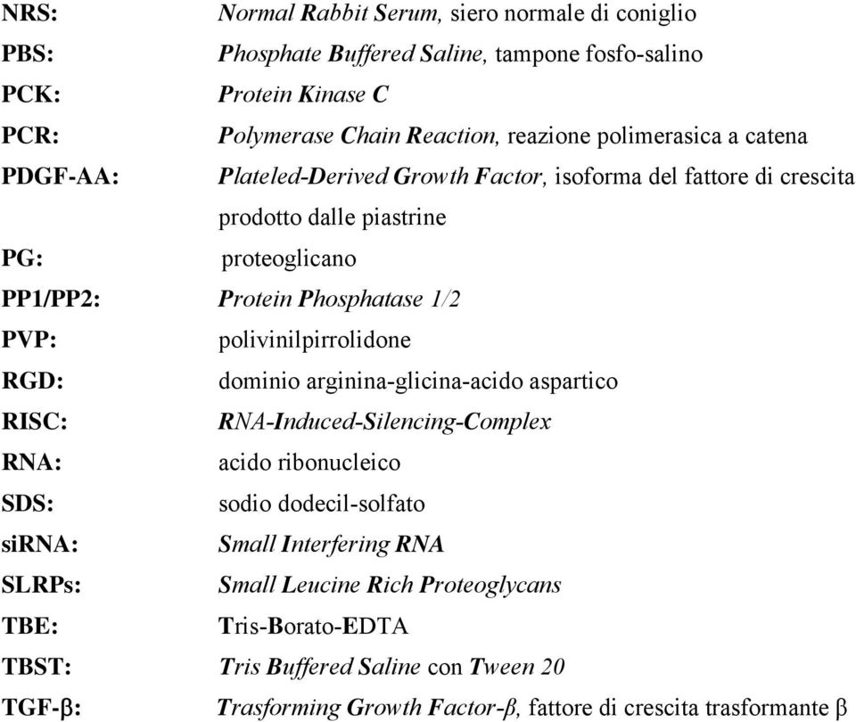 PVP: polivinilpirrolidone RGD: dominio arginina-glicina-acido aspartico RISC: RNA-Induced-Silencing-Complex RNA: acido ribonucleico SDS: sodio dodecil-solfato sirna: Small