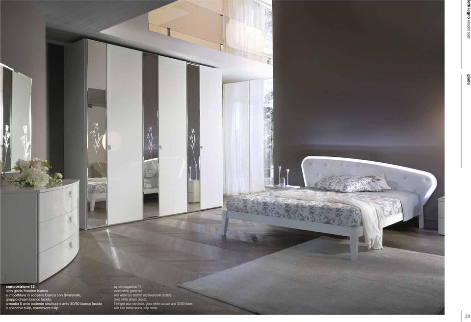 tulip, specchiera tulip lay-out suggestion 12 ashed white giada bed with white eco-leather and Swarovski crystals,