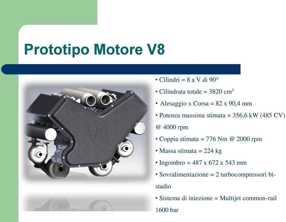 stimata = 776 Nm @ 2000 rpm Massa stimata = 224 kg Ingombro = 487 x 672 x 543 mm