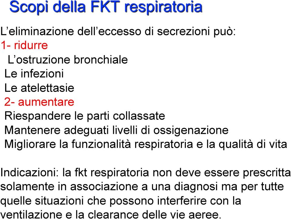 respiratoria e la qualità di vita Indicazioni: la fkt respiratoria non deve essere prescritta solamente in