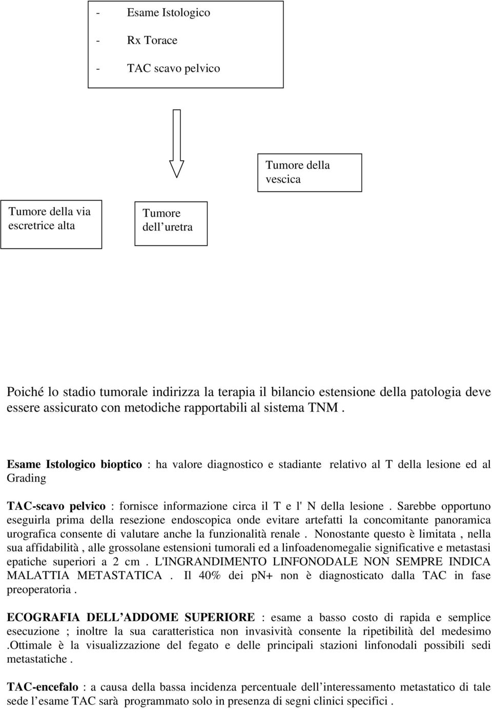 Esame Istologico bioptico : ha valore diagnostico e stadiante relativo al T della lesione ed al Grading TAC-scavo pelvico : fornisce informazione circa il T e l' N della lesione.