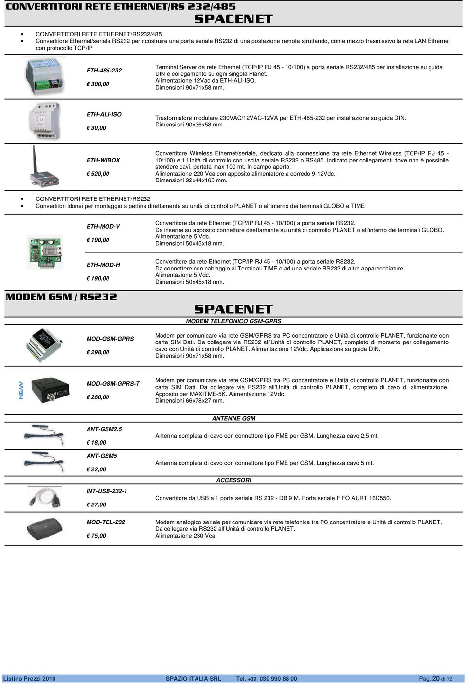 collegamento su ogni singola Planet. Alimentazione 12Vac da ETH-ALI-ISO. Dimensioni 90x71x58 mm.