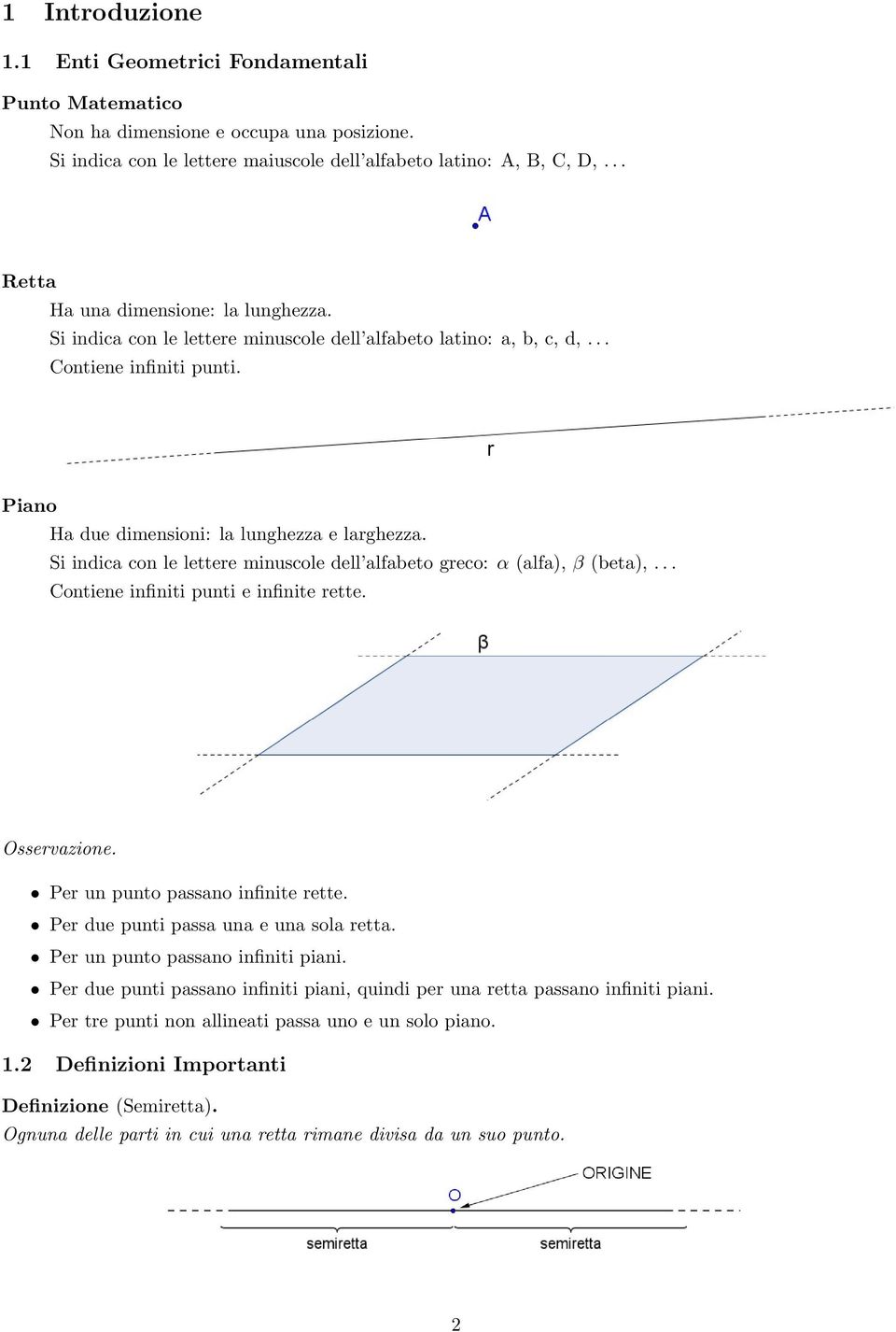 Si indica con le lettere minuscole dell alfabeto greco: α (alfa), β (beta),... Contiene infiniti punti e infinite rette. Osservazione. Per un punto passano infinite rette.