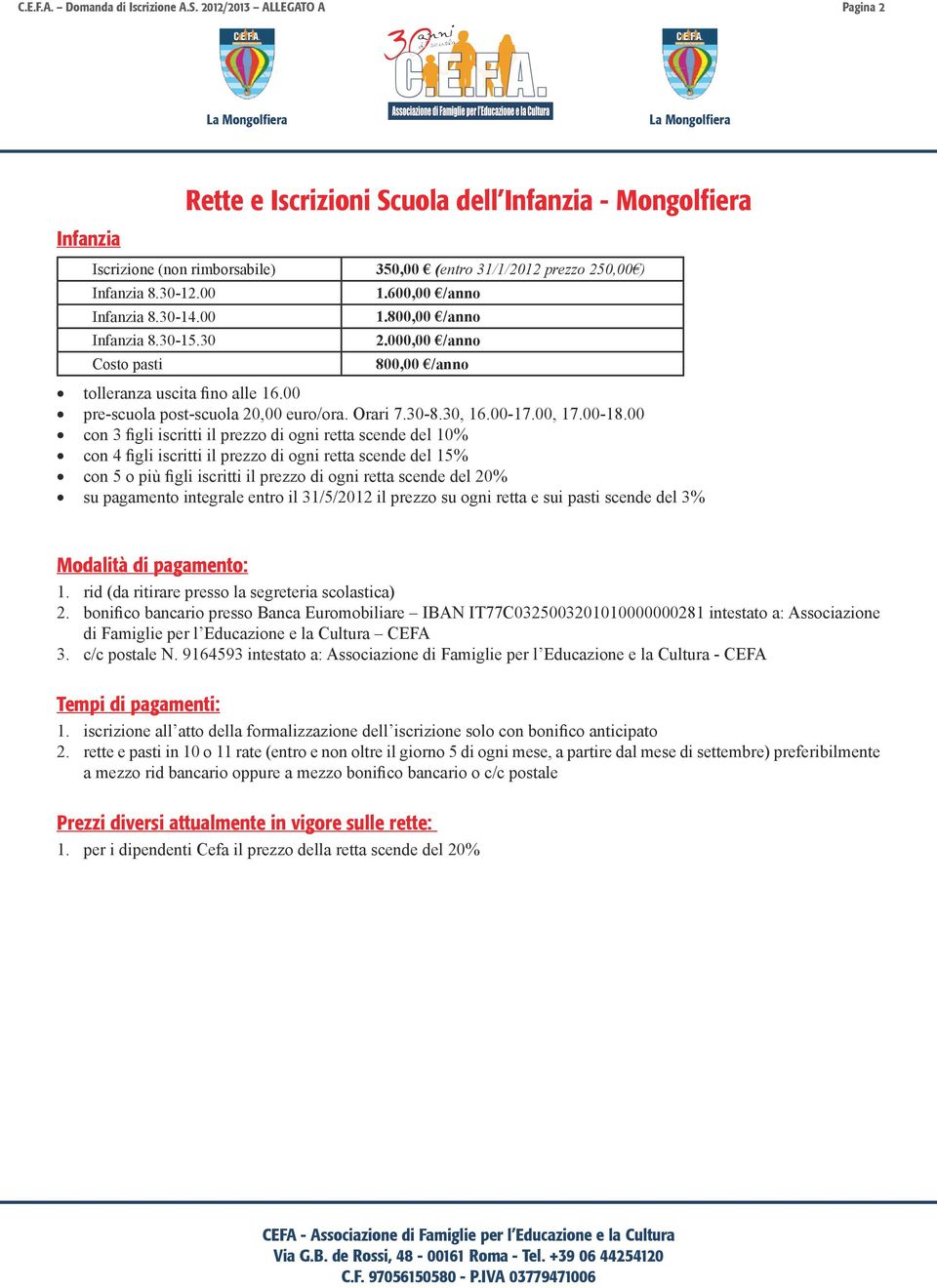 30-14.00 Infanzia 8.30-15.30 Costo pasti 1.600,00 /anno 1.800,00 /anno 2.000,00 /anno 800,00 /anno tolleranza uscita fino alle 16.00 pre-scuola post-scuola 20,00 euro/ora. Orari 7.30-8.30, 16.00-17.