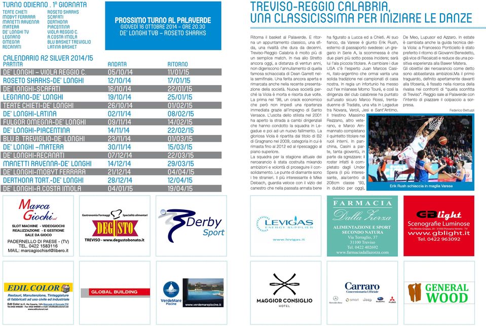 30 De Longhi TVB Roseto Sharks Calendario A2 Silver 2014/15 PART ANDATA RITORNO De Longhi Viola Reggio C.