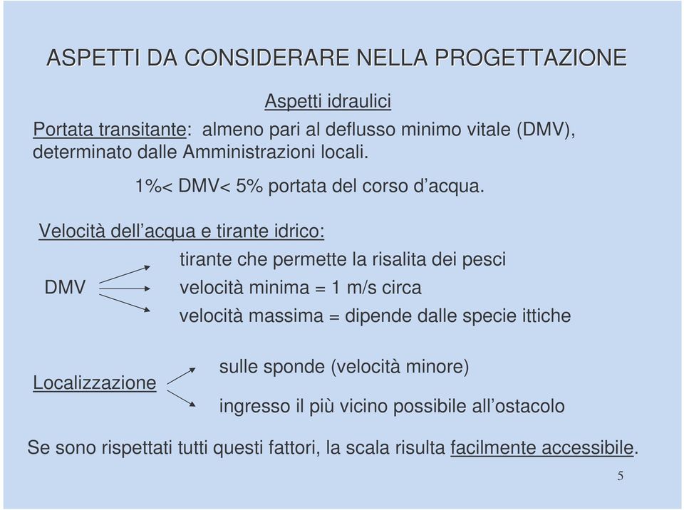 Velocità dell acqua e tirante idrico: DMV tirante che permette la risalita dei pesci velocità minima = 1 m/s circa velocità massima =