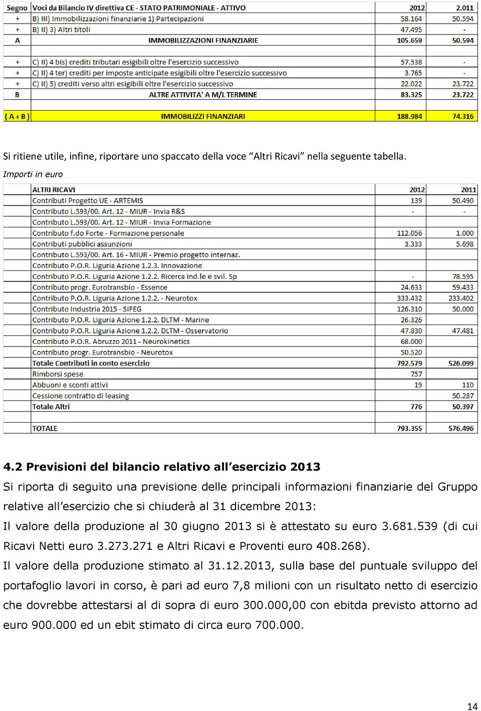 2013: Il valore della produzione al 30 giugno 2013 si è attestato su euro 3.681.539 (di cui Ricavi Netti euro 3.273.271 e Altri Ricavi e Proventi euro 408.268).