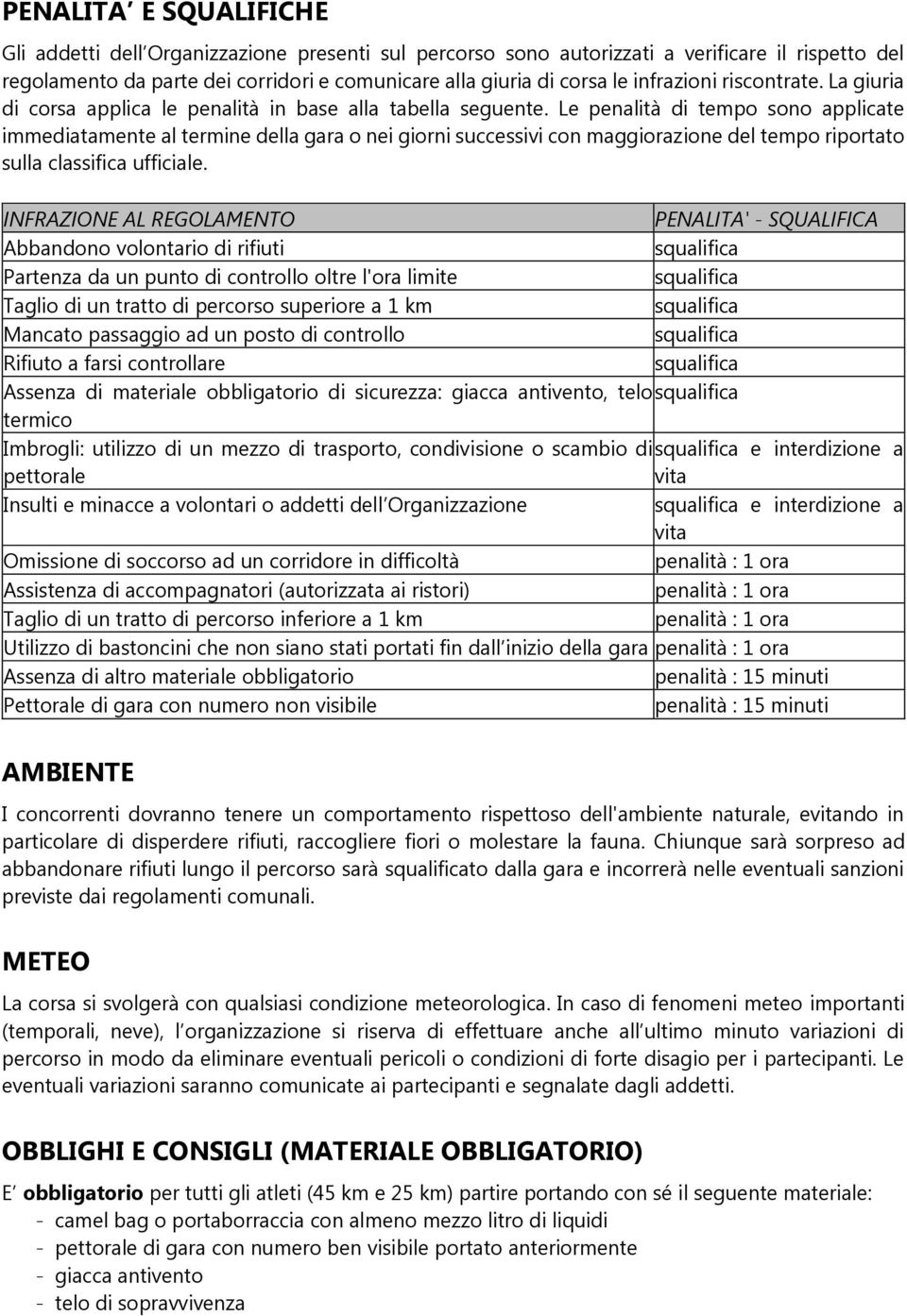 Le penalità di tempo sono applicate immediatamente al termine della gara o nei giorni successivi con maggiorazione del tempo riportato sulla classifica ufficiale.