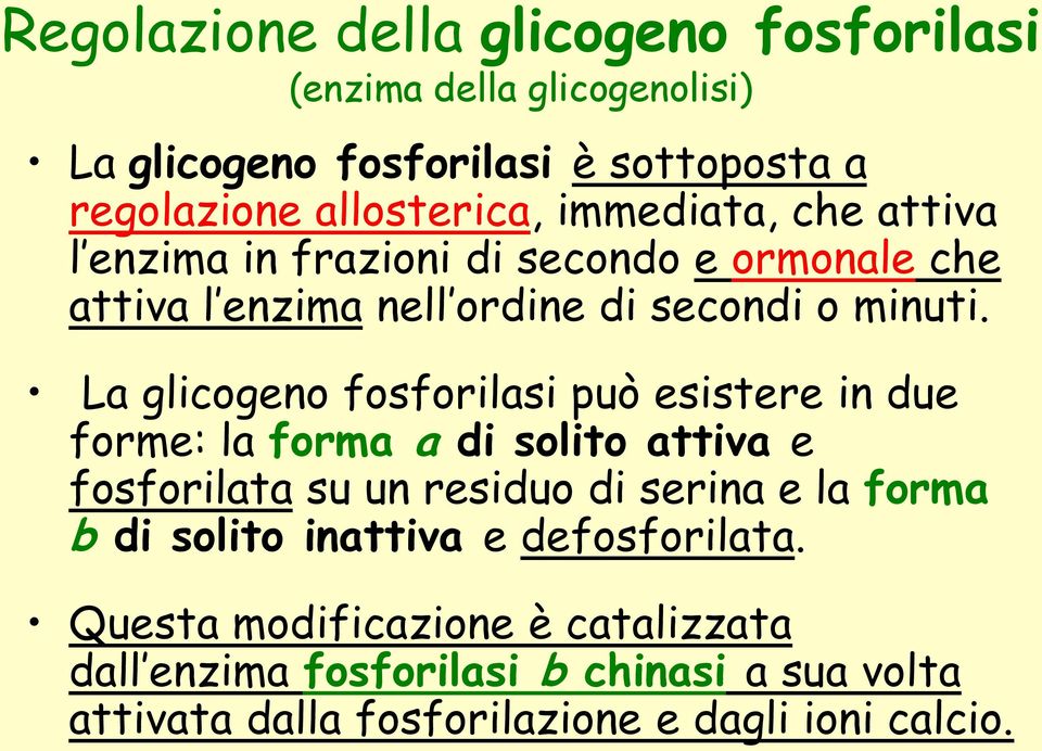 La glicogeno fosforilasi può esistere in due forme: la forma a di solito attiva e fosforilata su un residuo di serina e la forma b di