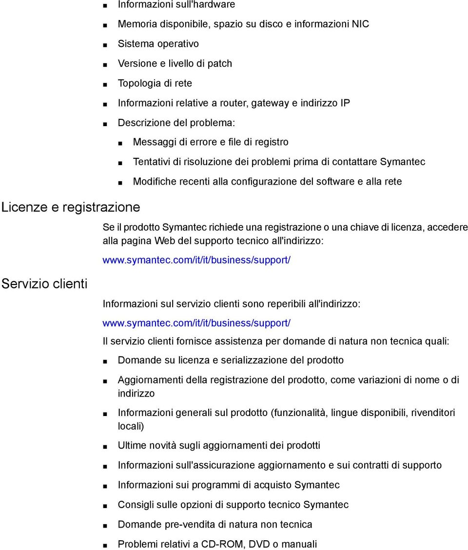 Licenze e registrazione Se il prodotto Symantec richiede una registrazione o una chiave di licenza, accedere alla pagina Web del supporto tecnico all'indirizzo: www.symantec.