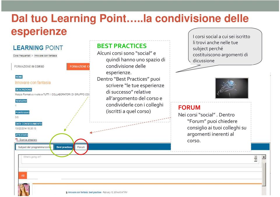 Dentro Best Practices puoi scrivere le tue esperienze di successo relative all argomento del corso e condividerle con i colleghi