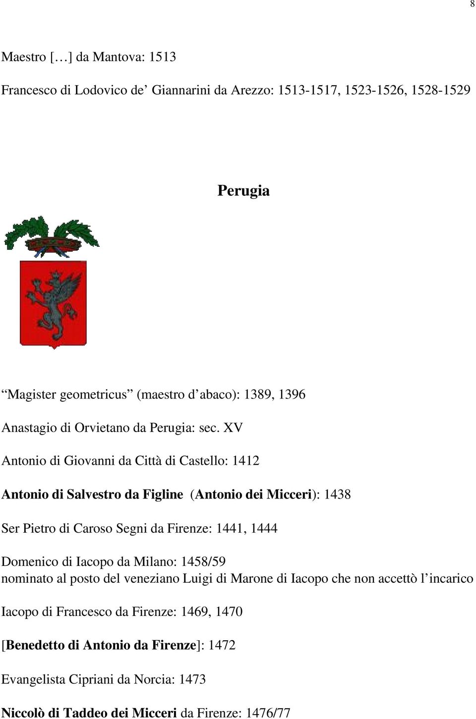 XV Antonio di Giovanni da Città di Castello: 1412 Antonio di Salvestro da Figline (Antonio dei Micceri): 1438 Ser Pietro di Caroso Segni da Firenze: 1441, 1444