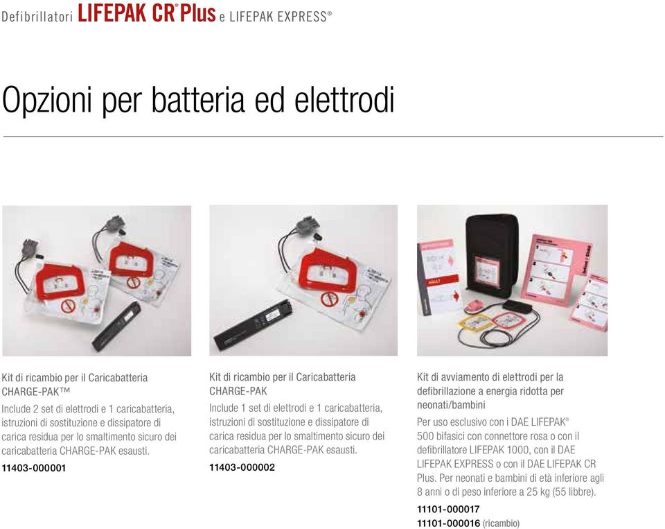 11403-000001 Kit di ricambio per il Caricabatteria CHARGE-PAK Include 1 set di elettrodi e 1 caricabatteria, istruzioni di  11403-000002 Kit di avviamento di elettrodi per la defibrillazione a