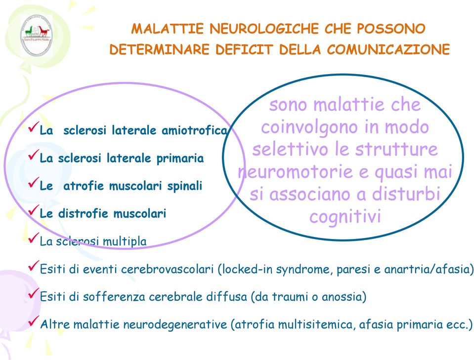 neuromotorie e quasi mai si associano a disturbi cognitivi Esiti di eventi cerebrovascolari (locked-in syndrome, paresi e