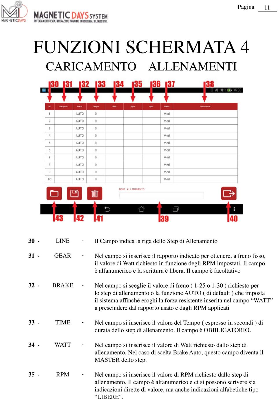 Il campo è facoltativo 32 BRAKE Nel campo si sceglie il valore di freno ( 125 o 130 ) richiesto per lo step di allenamento o la funzione AUTO ( di default ) che imposta il sistema affinché eroghi la