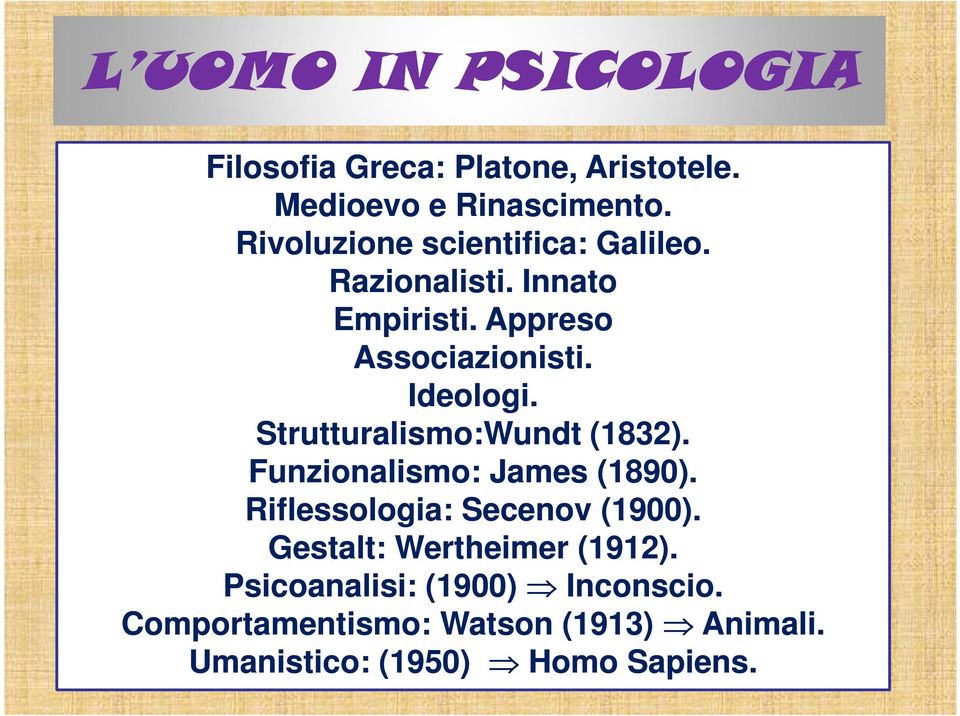 Strutturalismo:Wundt (1832). Funzionalismo: James (1890). Riflessologia: Secenov (1900).