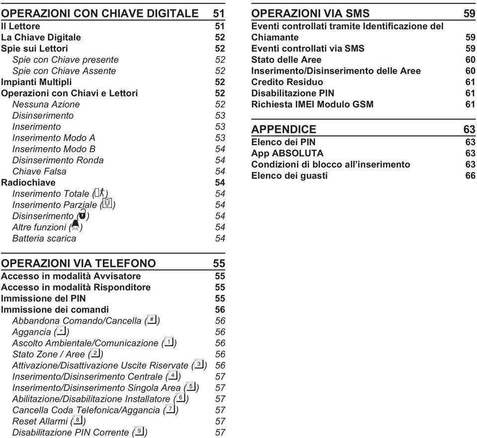 (=) 54 Disinserimento (>) 54 Altre funzioni (!