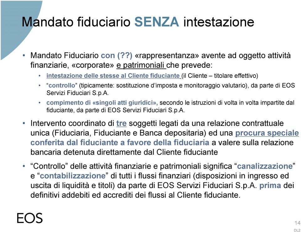 (tipicamente: sostituzione d imposta e monitoraggio valutario), da parte di EOS Servizi Fiduciari S.p.A.