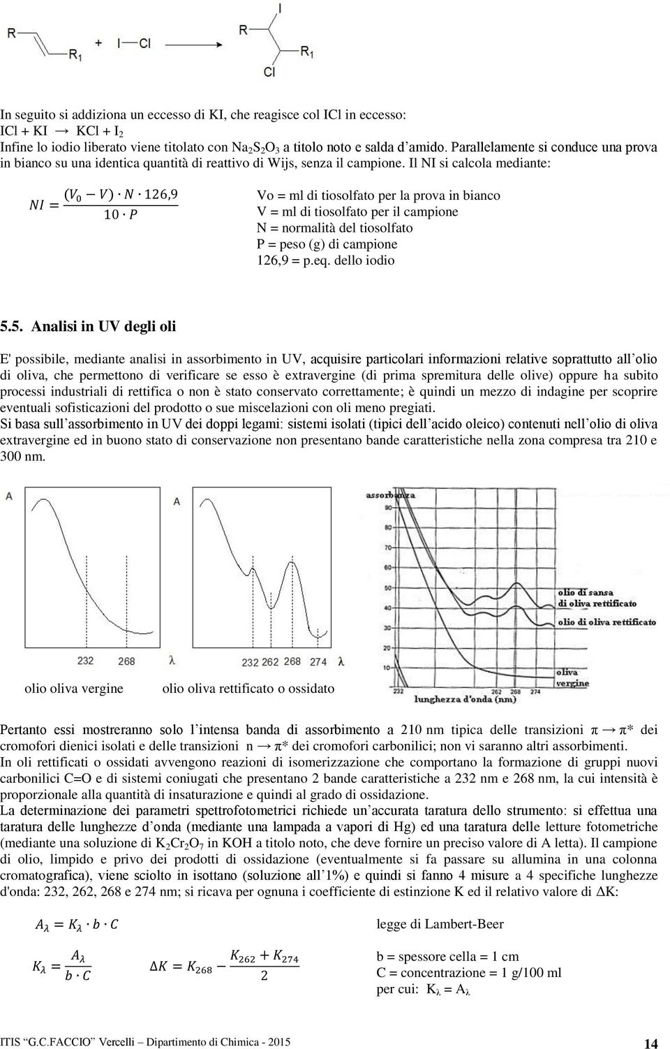 Il NI si calcola mediante: Vo = ml di tiosolfato per la prova in bianco V = ml di tiosolfato per il campione N = normalità del tiosolfato P = peso (g) di campione 126,9 = p.eq. dello iodio 5.