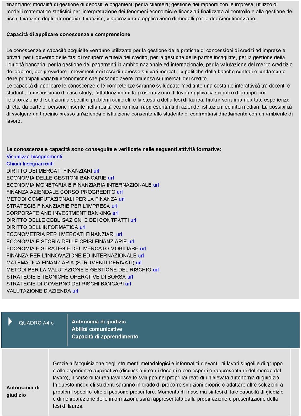 Capacità di applicare conoscenza e comprensione Le conoscenze e capacità acquisite verranno utilizzate per la gestione delle pratiche di concessioni di crediti ad imprese e privati, per il governo