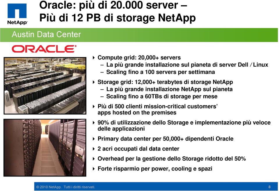 per settimana Storage grid: 12,000+ terabytes di storage NetApp La più grande installazione NetApp sul pianeta Scaling fino a 60TBs di storage per mese Più di 500 clienti