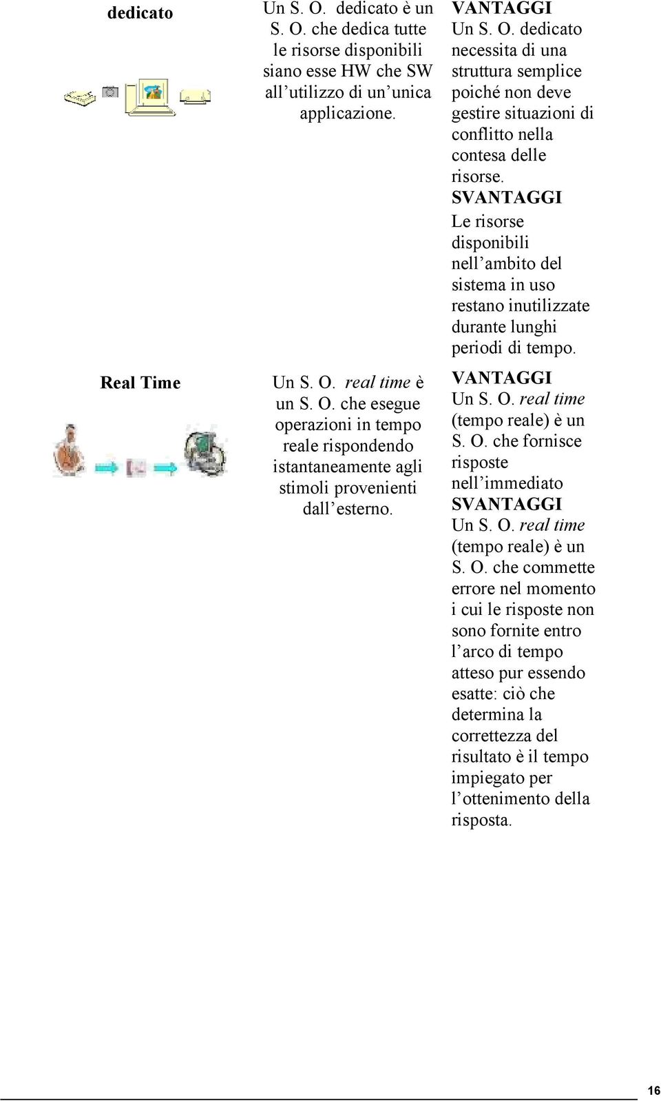 SVANTAGGI Le risorse disponibili nell ambito del sistema in uso restano inutilizzate durante lunghi periodi di tempo. VANTAGGI Un S. O. real time (tempo reale) è un S. O. che fornisce risposte nell immediato SVANTAGGI Un S.