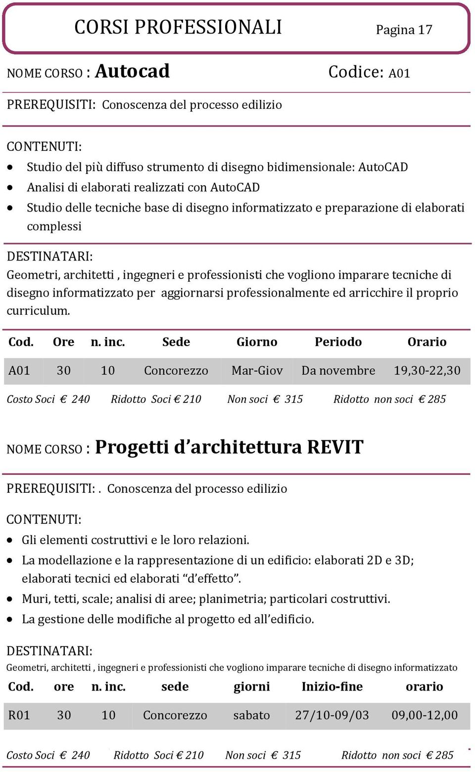 imparare tecniche di disegno informatizzato per aggiornarsi professionalmente ed arricchire il proprio curriculum. Cod. Ore n. inc.