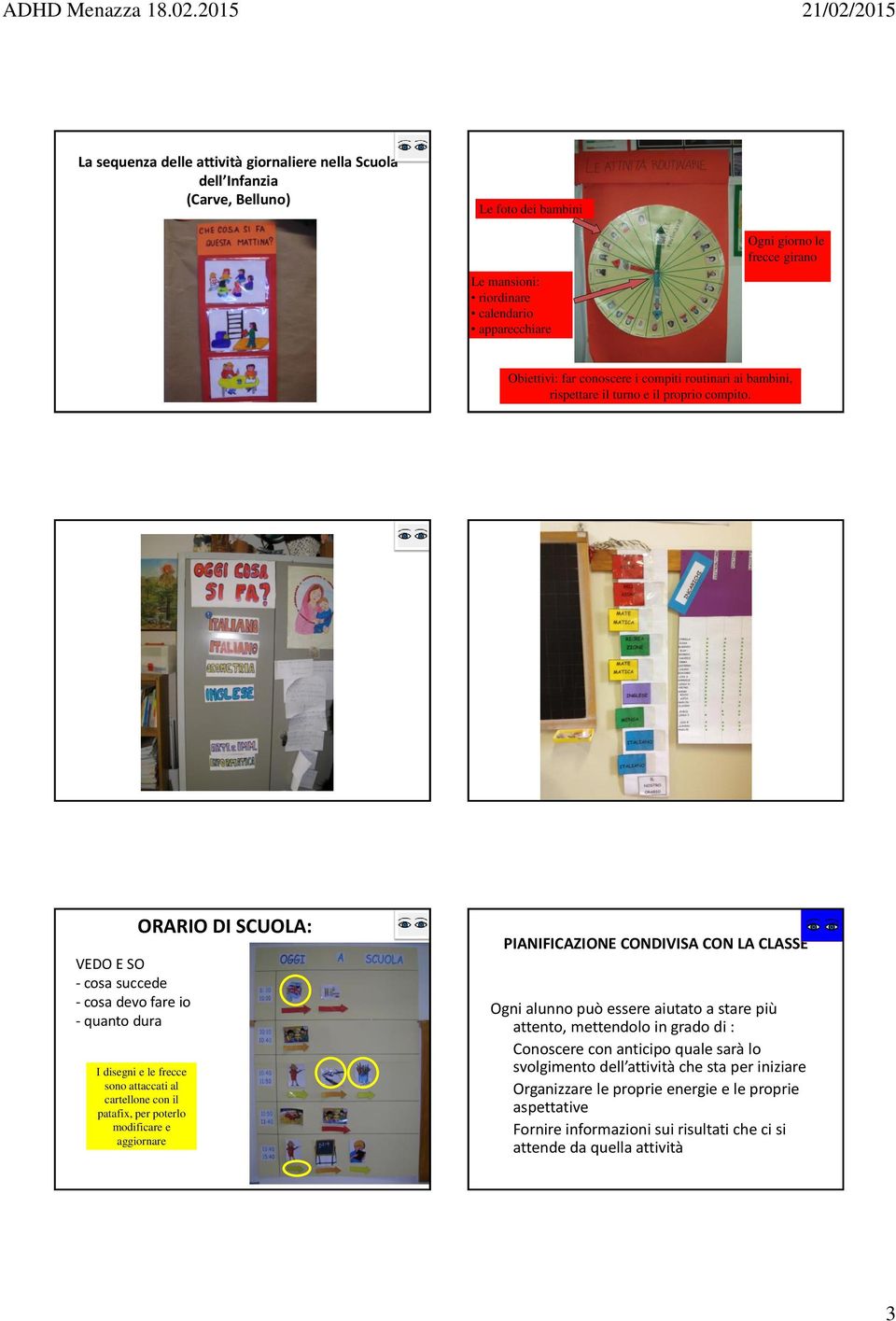 VEDO E SO - cosa succede - cosa devo fare io - quanto dura ORARIO DI SCUOLA: I disegni e le frecce sono attaccati al cartellone con il patafix, per poterlo modificare e aggiornare PIANIFICAZIONE