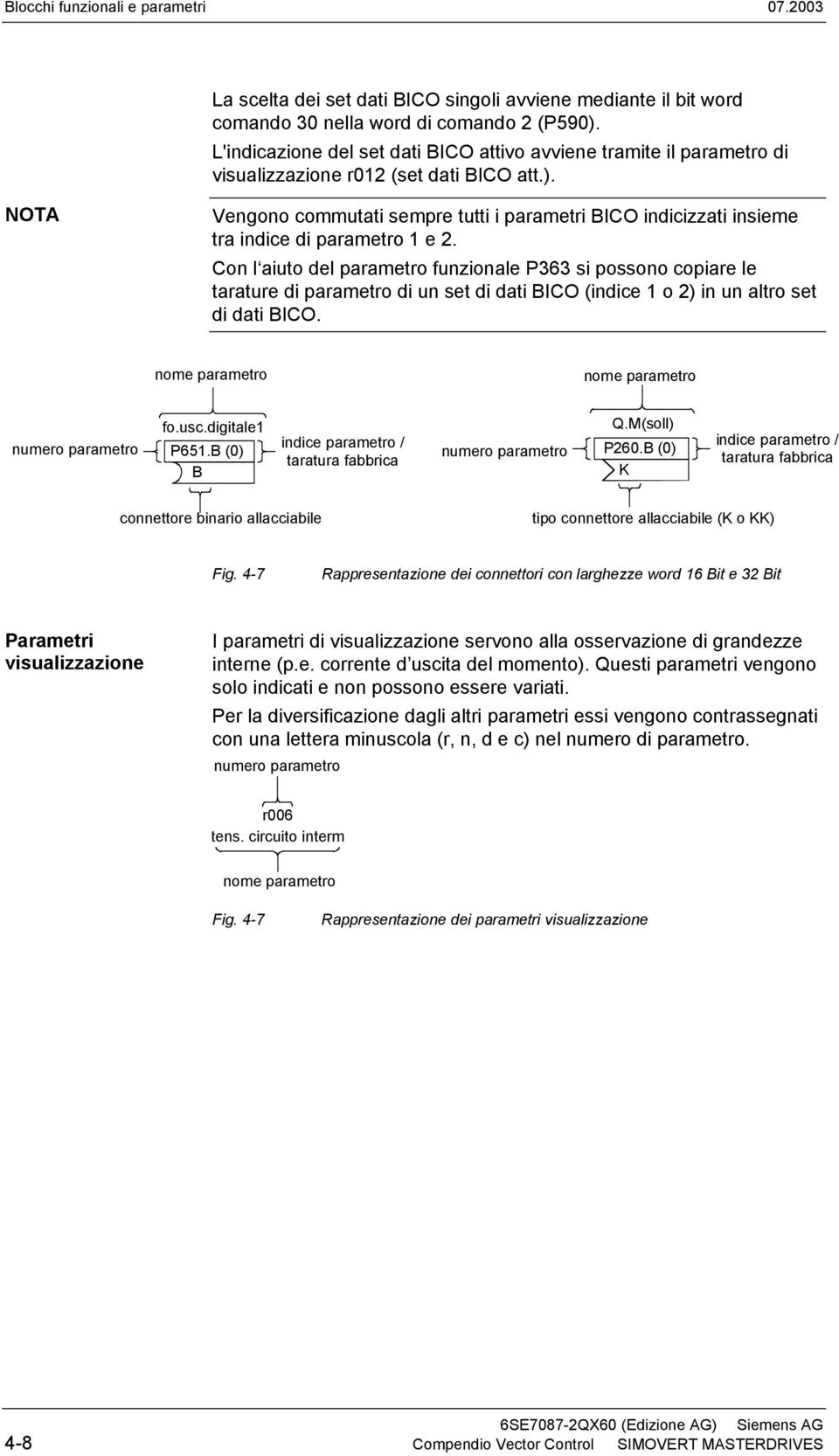 NOTA Vengono commutati sempre tutti i parametri BICO indicizzati insieme tra indice di parametro 1 e 2.