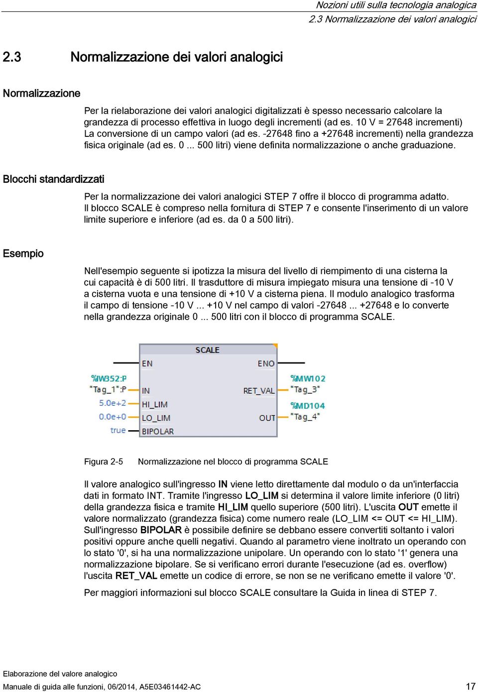 incrementi (ad es. 10 V = 27648 incrementi) La conversione di un campo valori (ad es. -27648 fino a +27648 incrementi) nella grandezza fisica originale (ad es. 0.