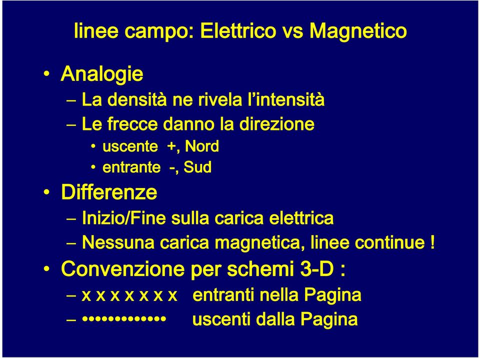 Differenze Inizio/Fine sulla carica elettrica Nessuna carica magnetica, linee