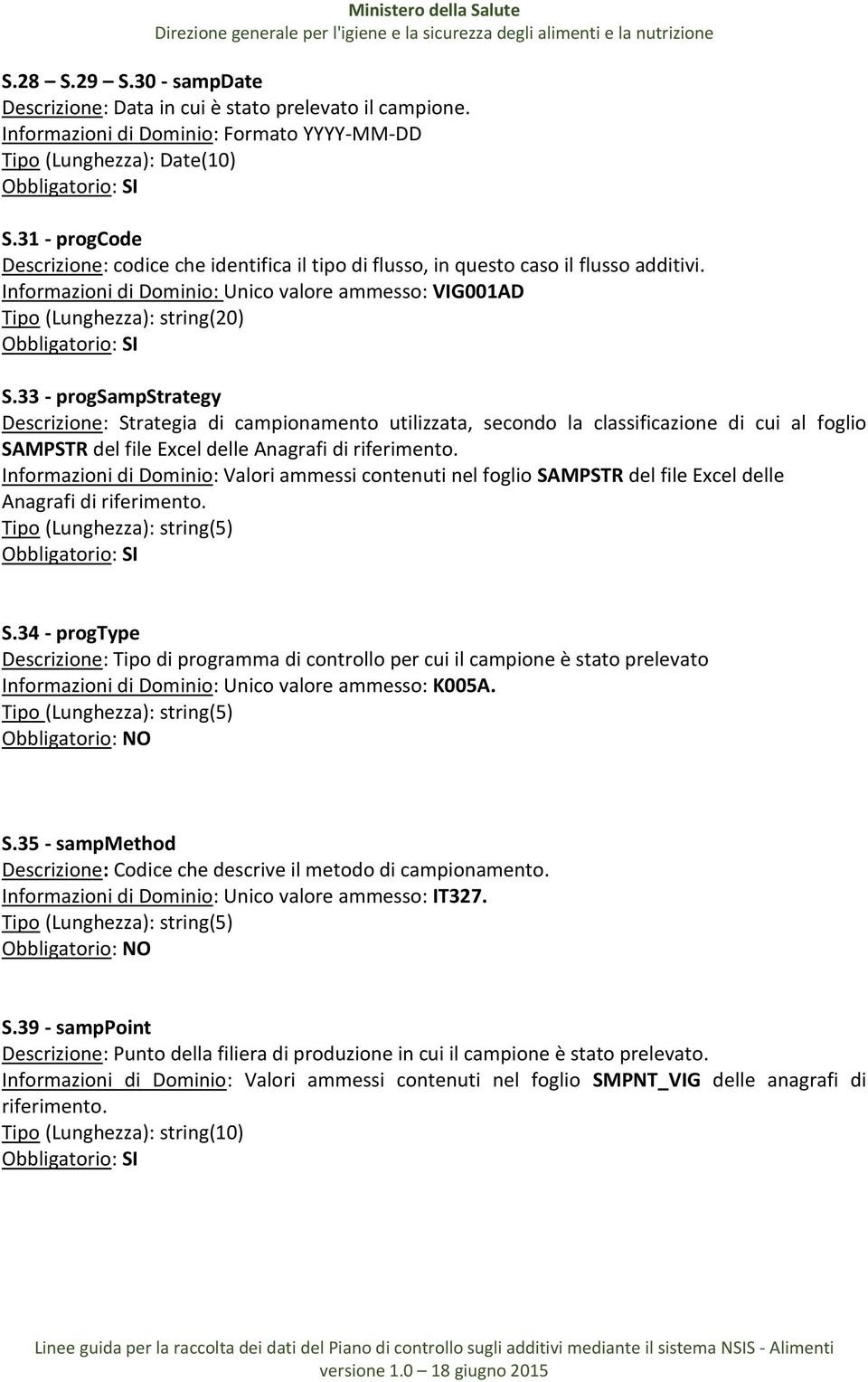 33 - progsampstrategy Descrizione: Strategia di campionamento utilizzata, secondo la classificazione di cui al foglio SAMPSTR del file Excel delle Informazioni di Dominio: Valori ammessi contenuti