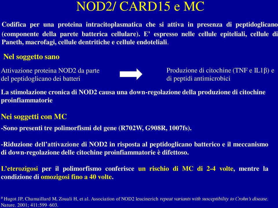 Nel soggetto sano Attivazione proteina NOD2 da parte del peptidoglicano dei batteri Produzione di citochine (TNF e IL1β) e di peptidi antimicrobici La stimolazione cronica di NOD2 causa una