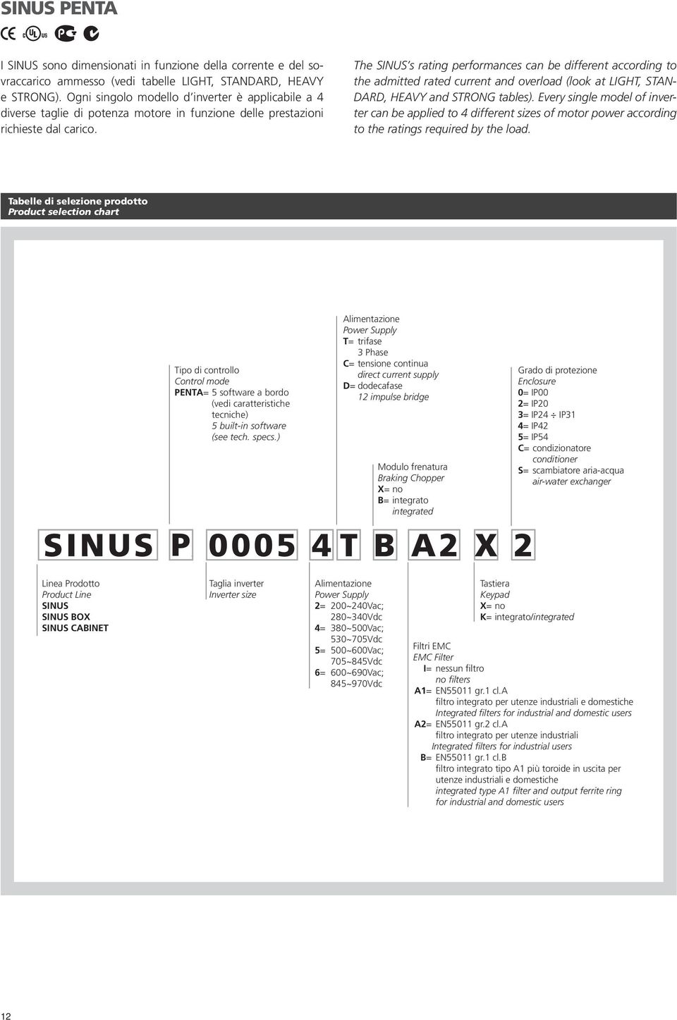 The SINUS s rating performances can be different according to the admitted rated current and overload (look at LIGHT, STAN- DARD, HEAVY and STRONG tables).