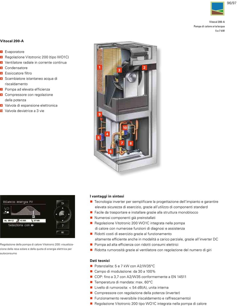 3 9 10 5 4 7 8 6 Regolazione della pompa di calore Vitotronic 200: visualizzazione della resa solare e della quota di energia elettrica per autoconsumo I vantaggi in sintesi Tecnologia inverter per