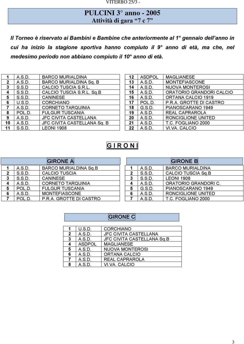 R.L. 14 A.S.D. NUOVA MONTEROSI 4 S.S.D. CALCIO TUSCIA S.R.L. Sq.B 15 A.S.D. ORATORIO GRANDORI CALCIO 5 S.S.D. CANINESE 16 A.S.D. ORTANA CALCIO 1919 6 U.S.D. CORCHIANO 17 POL.D. P.R.A. GROTTE DI CASTRO 7 A.