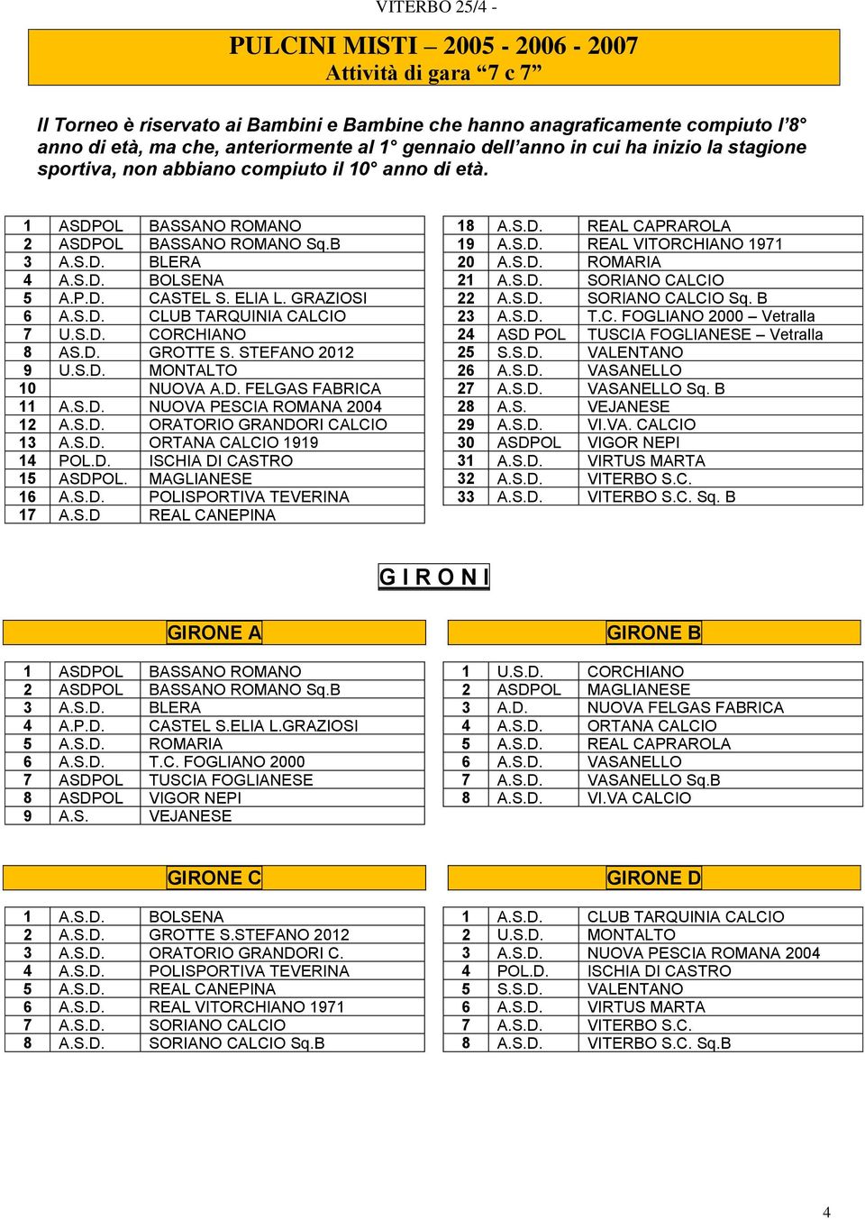 S.D. BLERA 20 A.S.D. ROMARIA 4 A.S.D. BOLSENA 21 A.S.D. SORIANO CALCIO 5 A.P.D. CASTEL S. ELIA L. GRAZIOSI 22 A.S.D. SORIANO CALCIO Sq. B 6 A.S.D. CLUB TARQUINIA CALCIO 23 A.S.D. T.C. FOGLIANO 2000 Vetralla 7 U.