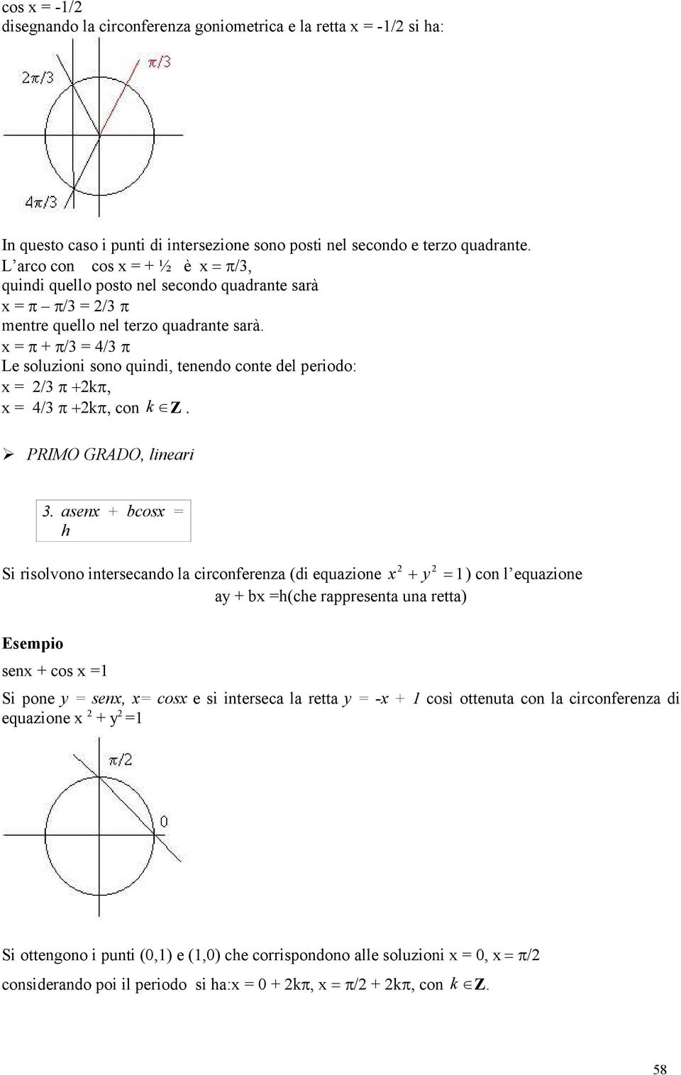 x = + /3 = 4/3 Le soluzioni sono uindi, tenendo conte del eriodo: x = /3 k x = 4/3 kcon k Z PRIMO GRADO, lineari 3.