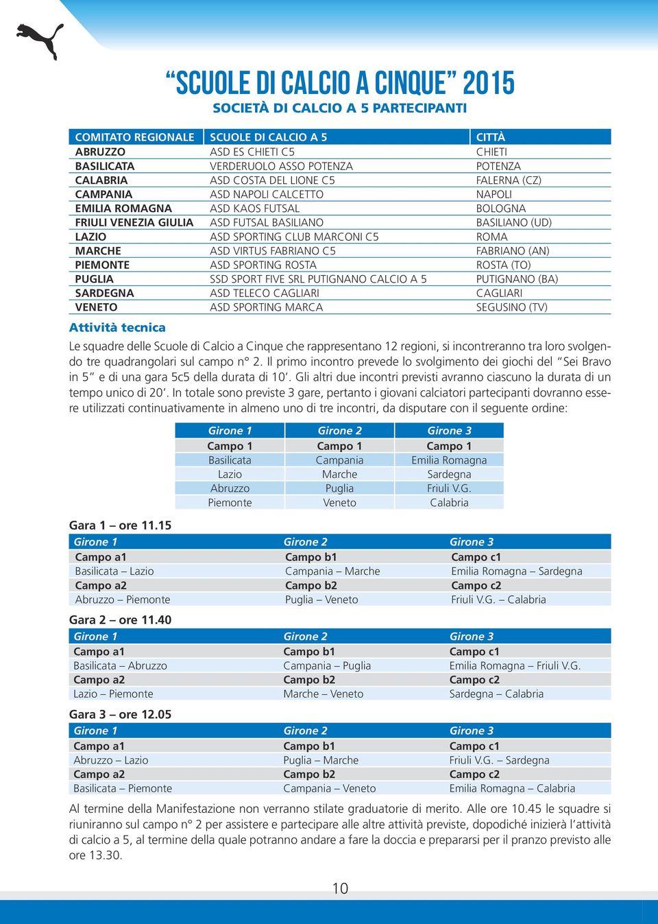 Roma MARCHE ASD VIRTUS FABRIANO C5 Fabriano (AN) PIEMONTE asd SPORTING ROSTA ROSTA (TO) PUGLIA SSD SPORT Five SRL Putignano Calcio a 5 Putignano (BA) SARDEGNA ASD TELECO CAGLIARI Cagliari VENETO ASD