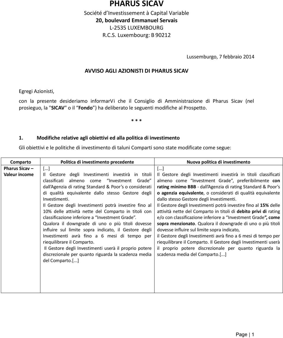 Modifiche relative agli obiettivi ed alla politica di investimento Gli obiettivi e le politiche di investimento di taluni Comparti sono state modificate come segue: Comparto Politica di investimento