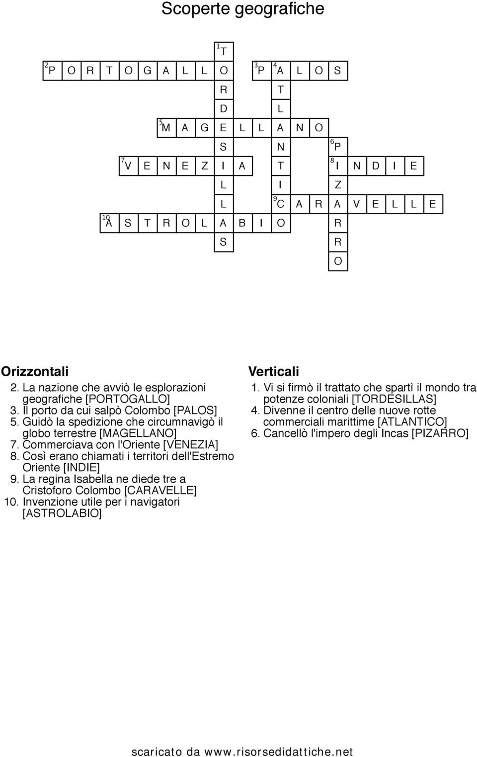 Commerciava con l'oriente [VENEZIA] 8. Così erano chiamati i territori dell'estremo Oriente [INDIE] 9. La regina Isabella ne diede tre a Cristoforo Colombo [CARAVELLE] 10.